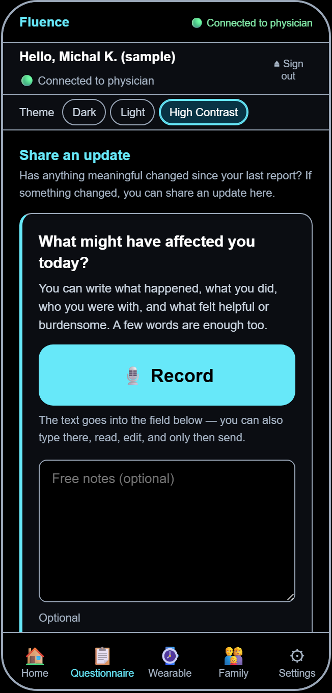 Real Fluence patient-app screen: sharing an update in free text or by voice recording